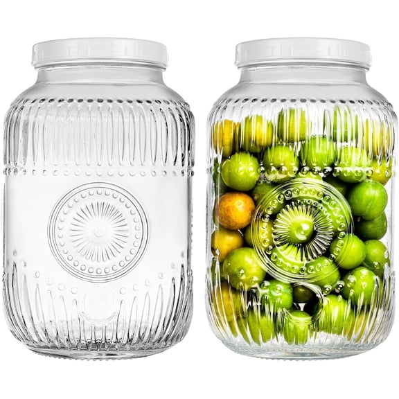 2 Pack 1 Gallon Glass Jar with Lid Wide Mouth, 128 OZ Large Mason Jar with Airtight Screw Lid and Handle, Glass storage containers, Cookie, Candy, Kombucha and fermention