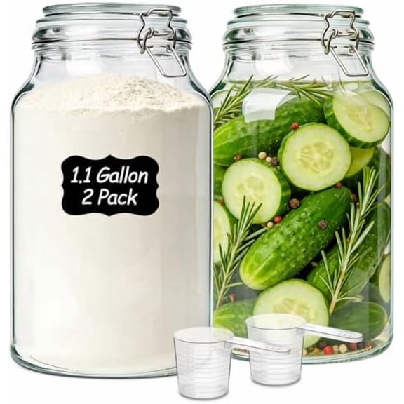 2 Pack 1 Gallon Glass Jars with Lids, Glass Flour Sugar Storage Containers for Pantry & Kitchen Organization, Extra Large Mason Jars with airtight lid, Coms with Labels & Massuring Cups.