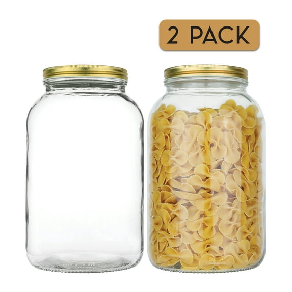 2 Pack - 1 Gallon Glass Mason Jar Wide Mouth with Gold Airtight Metal Lid - Safe for Fermenting Kombucha Kefir - Pickling, Storing and Canning- BPA-Free Dishwasher Safe- By Kitchentoolz