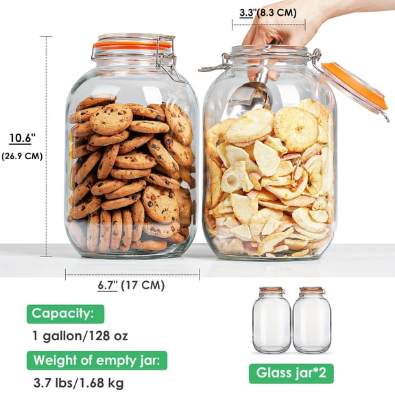 2-Pack 1 Gallon Glass Wide-Mouth Jars with Hinged Airtight Lids Heavy-Duty Canning Fermentation Jars for Pickling Sauerkraut Jam Honey Kitchen Pantry Storage