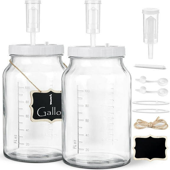 2 Pack 1 Gallon Large Fermentation Jars with 3 Airlocks and 2 SCREW Lids(100% Airtight Heavy Duty Lid w Silicone) - Wide Mouth Glass Jars w Scale Mark - Pickle Jars for Sauerkraut, Sourdough Starter