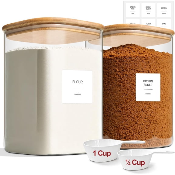 2-Pack 1 Gallon Square Glass Flour and Sugar Containers with Lids, Large Airtight Pantry Jars for Baking - Glass Canisters with Scoops & Labels for Bulk Food