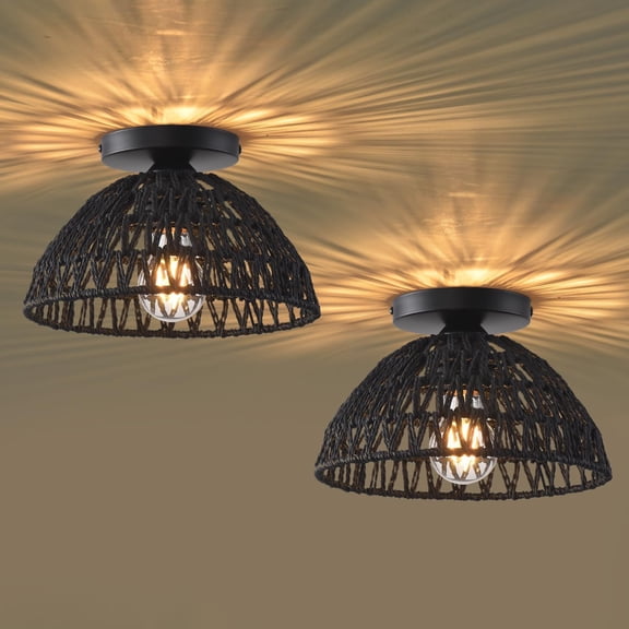 2 Pack 10.2" H Farmhouse Fixtures Ceiling Mount,Black Rattan Semi Flush Mount Ceiling Light,Hand Woven Hallway Light Fixtures for Bedroom Entryway