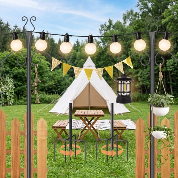 2-Pack 10-Foot Outdoor String Light Poles - Heavy-Duty Metal Patio Light Posts with Shepherd's Hooks for Hanging Lights, Plants & Bird Feeders