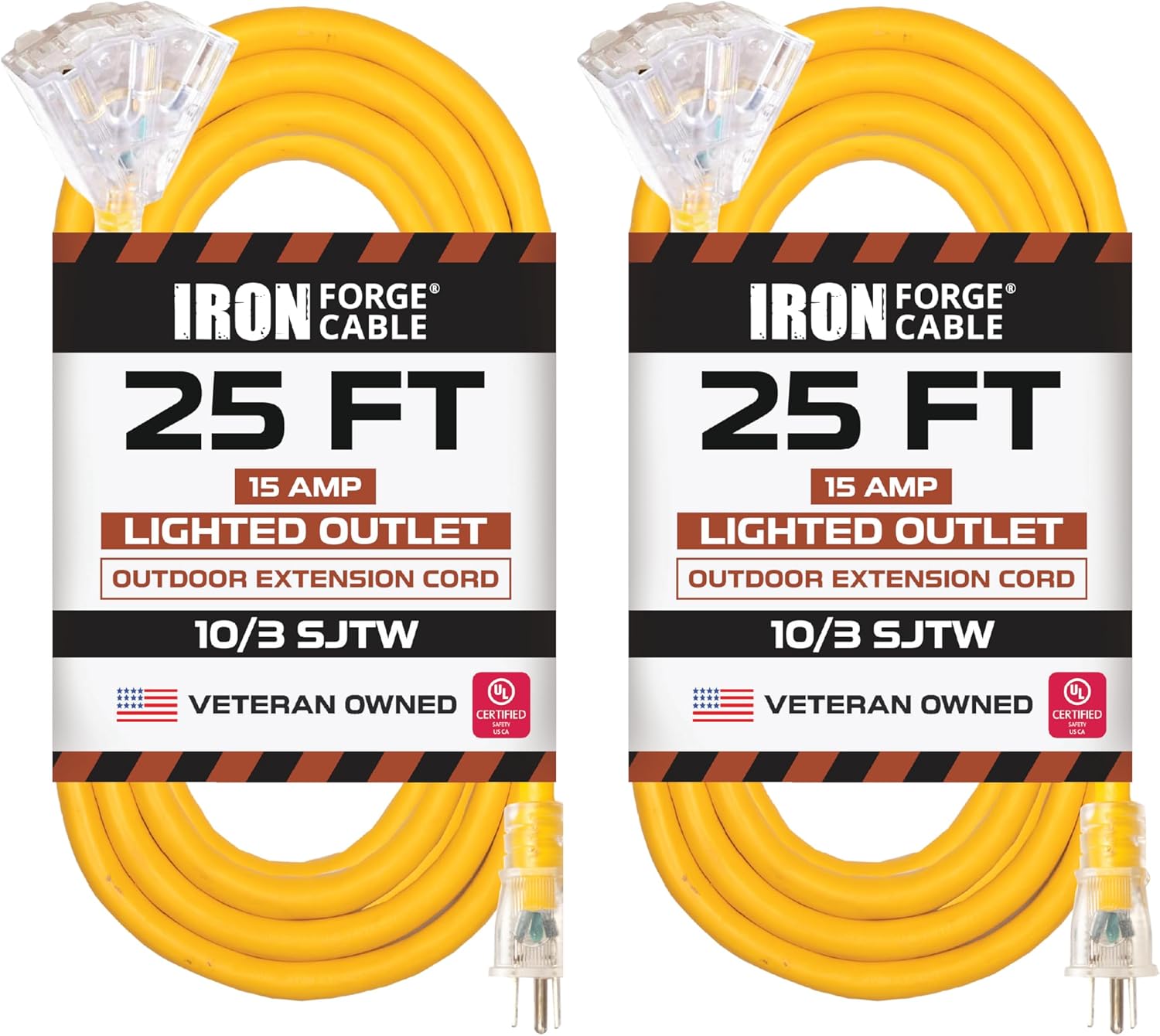 2 Pack of 10 Gauge Extension Cord 25ft with 3 Outlets, 25ft Heavy Duty