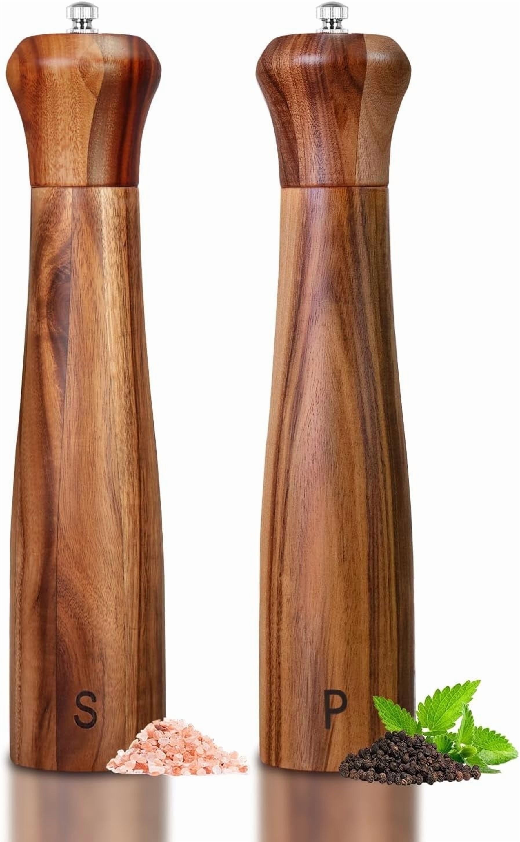 Dompilc 2 PC 10 inch Acacia Wooden Salt and Pepper Grinder Set , Manual Mills, Refillable with Adjustable Coarseness