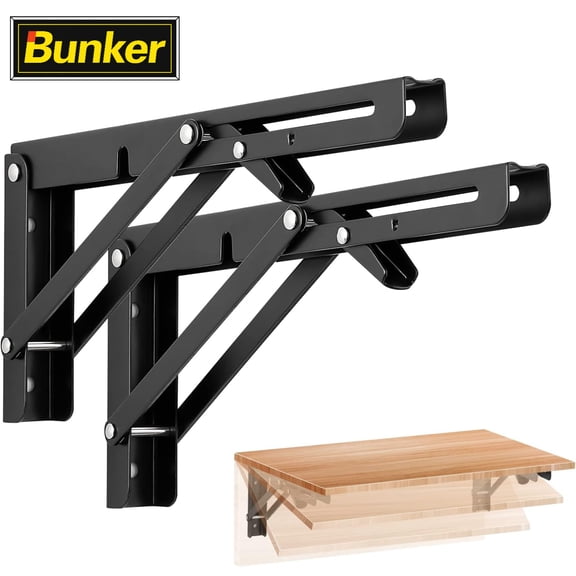 2 Pack 10 Inch Folding Shelf Brackets, Heavy Duty Stainless Steel Collapsible Wall Mounted Shelf Supports, Matte Black, Space Saving Brackets for Table, Workbench, Garage