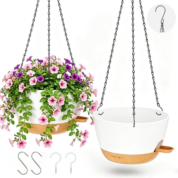 2 Pack 10 Inch Self Watering Hanging Planters, Plastic Hanging Baskets with Drainage Holes, Hanging Chains, S-Hooks and Ceiling Hooks for Indoor Outdoor Plants (White)