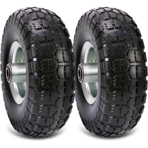 (2 Pack) 10 Inch Solid Polyurethane Tire 4.10/3.50-4 Tire, 10" Flat Free Wheels with 5/8" Bearings, 2.2" Offset Hub for Garden Cart, Hand , Lawn Cart, Mower