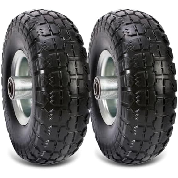 (2 Pack) 10 Inch Solid Polyurethane Tire 4.10/3.50-4 Tire, 10" Flat Free Wheels with 5/8" Bearings, 2.2" Offset Hub for Garden Cart, Hand Truck, Lawn Cart, Mower