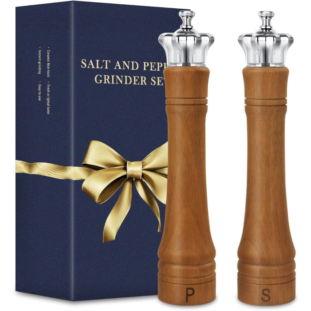 2 Pack-10 Inch Wood Salt and Pepper Grinder Set, Salt and Pepper Mill Set, Elegant Spice Shaker with Crown Lid, Kitchen Table Decor Adjustable Ceramic Core