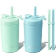 thumbnail image 1 of 2 Pack 10 OZ Spill Proof Straw Kids Cups for Girl Boy, Leak-Proof Kid Insulated Tumbler with Screw-On Lid & Silicone Straw with Stopper, Stainless Steel Sippy Cup, Underwater World, 1 of 9