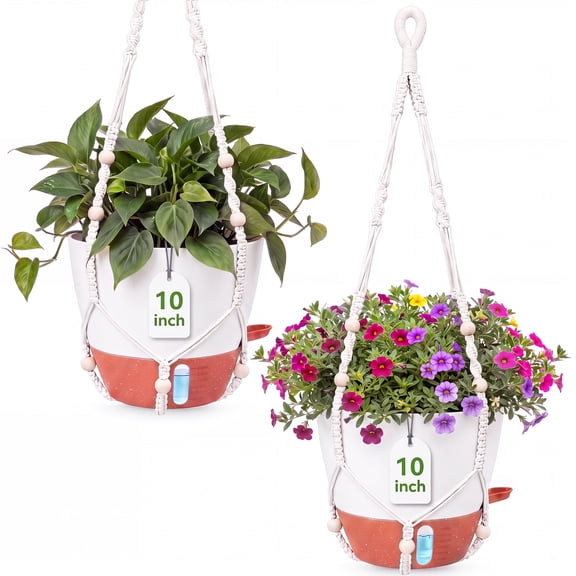 2 Pack 10" Self Watering Hanging Planters, Indoor Outdoor Plastic Plant Pots with Macrame Hanger Drainage Hole Saucers, Flower Pots for Garden White