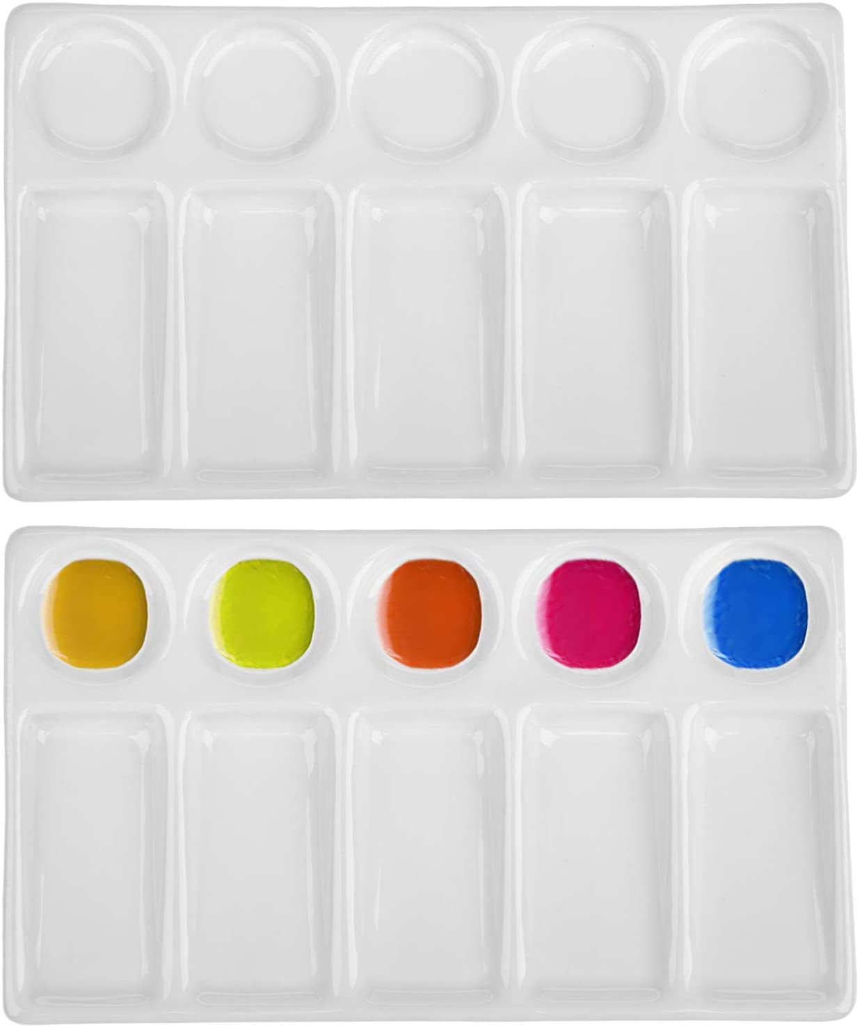 2 Pack 10-Well Ceramic Watercolor Paint , 7-1/2 x 4-1/4 Inch Rectangle Porcelain Artist Paint Mixing Tray for Watercolor, Gouache, Acrylic