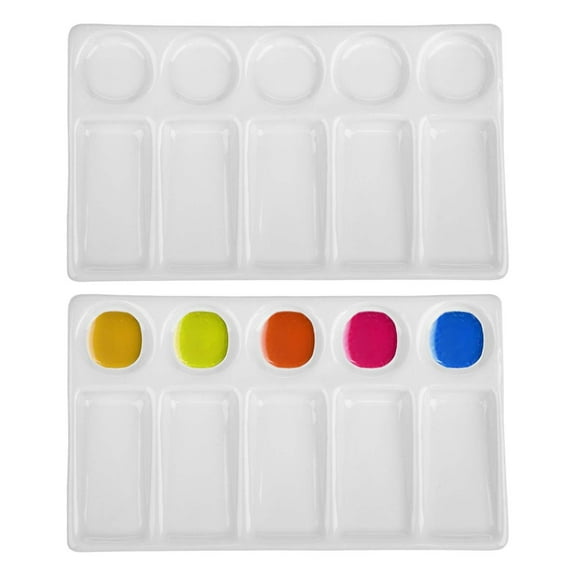 2 Pack 10-Well Ceramic Watercolor Painting Palette, 7-1/2 x 4-1/4 Inch Rectangle Porcelain Artist Paint Palette Mixing Tray for Watercolor, Gouache, Acrylic