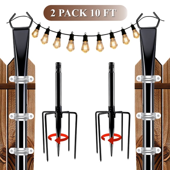 punada 2 Pack 10 ft String Light Poles with Fork Base and Fence Mounting Brackets, Outdoor Metal Light Poles for Outside String Lights, Light Pole Stand for Patio, Deck, Backyard, Garden, Wedding