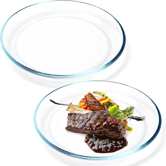 2 Pack 10 inch Glass Plates - with Lipped Edge - Clear Tempered Glass Dinner Plates, Glass Serving Dinnerware for Pasta, Salad, Dishwasher and Microwave Safe