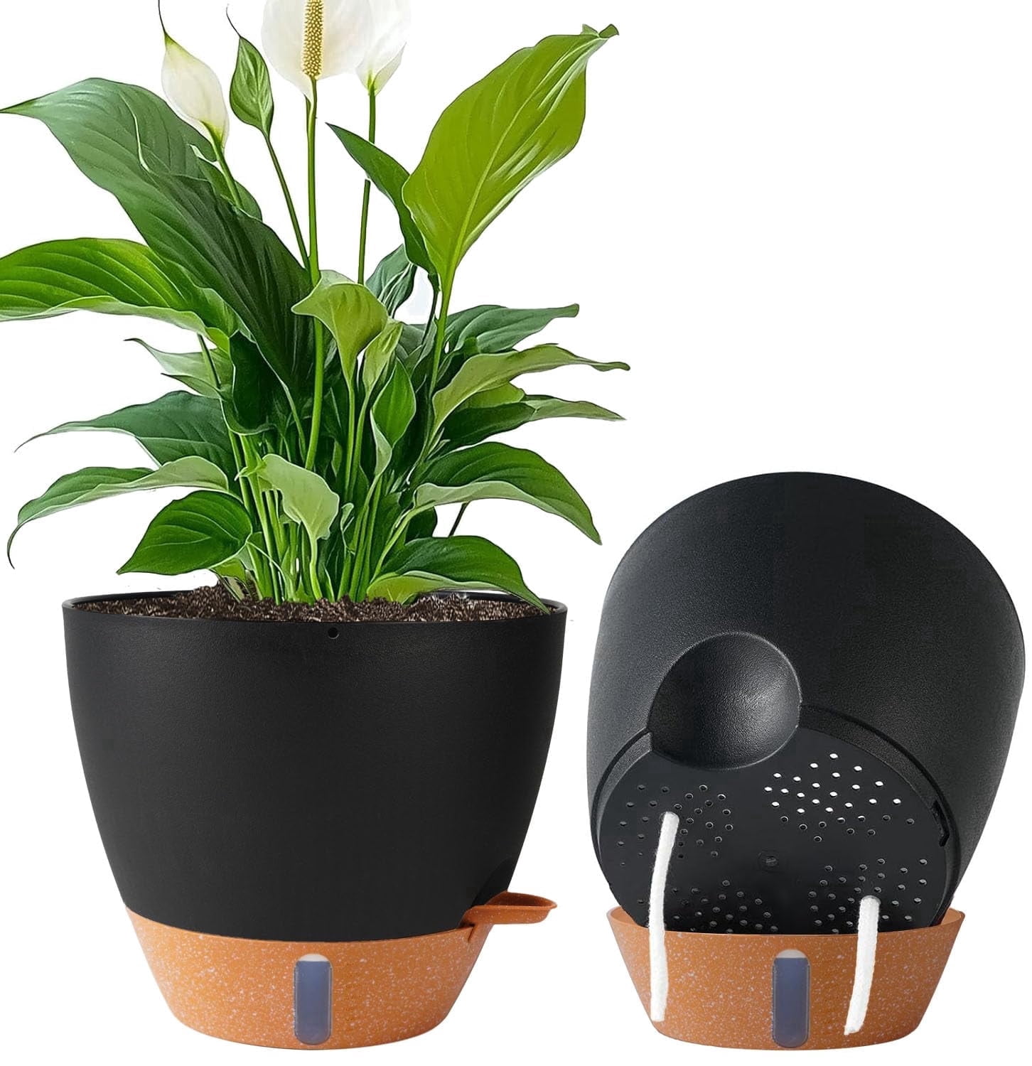 2 Pack 10 inch Plant Pots, Plastic Self Watering Planters with Drainage Holes, Deep Reservoir, Water Level Indicator, Modern Decorative Flower Pots for Indoor Outdoor Plants (Black, 10 inch)