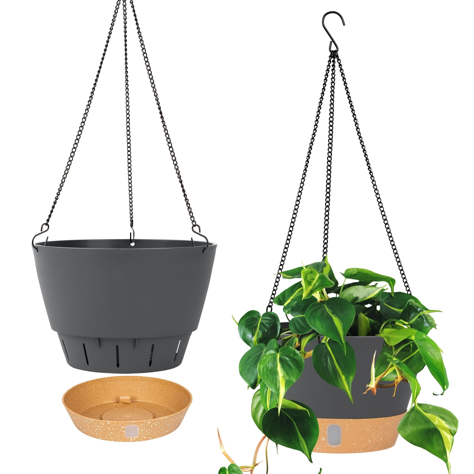 10" Dark Gray Plastic Hanging Planter with Self-Watering Tray
