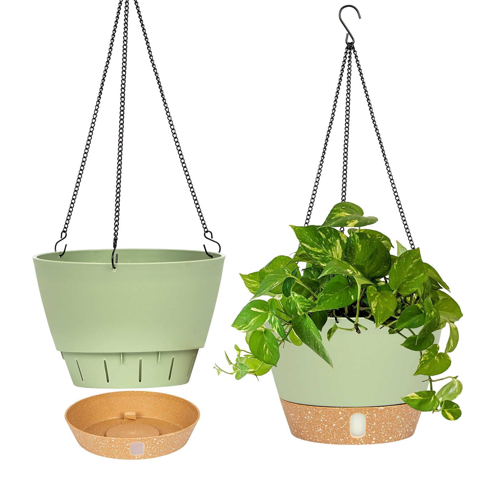 Green Plastic 10" Hanging Planters with Drainage Holes and Tray