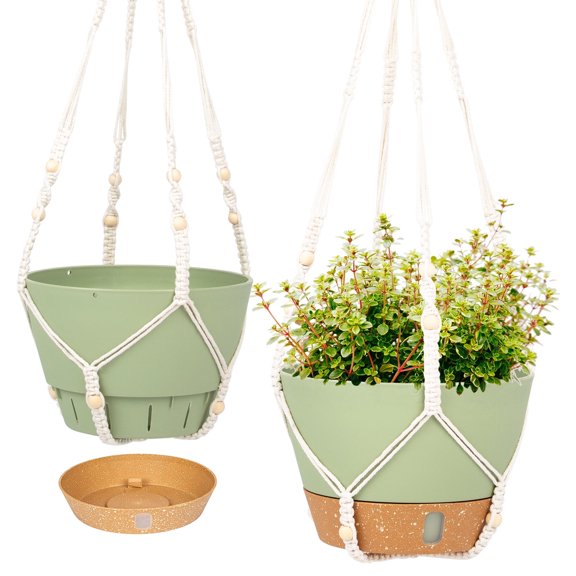2 Pack 10 inch Plastic Green Hanging Planters with 3 Hooks,Hanging Plant Pot Basket with Drainage Hole for Garden Home