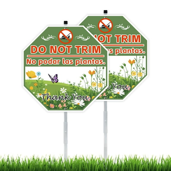2 Pack 10" x 28" Do Not Trim Yard Signs with Stake and Accessories, Rust Free Aluminum Composite, Bilingual Garden Metal Do Not Mow Signs for Outdoor Lawn