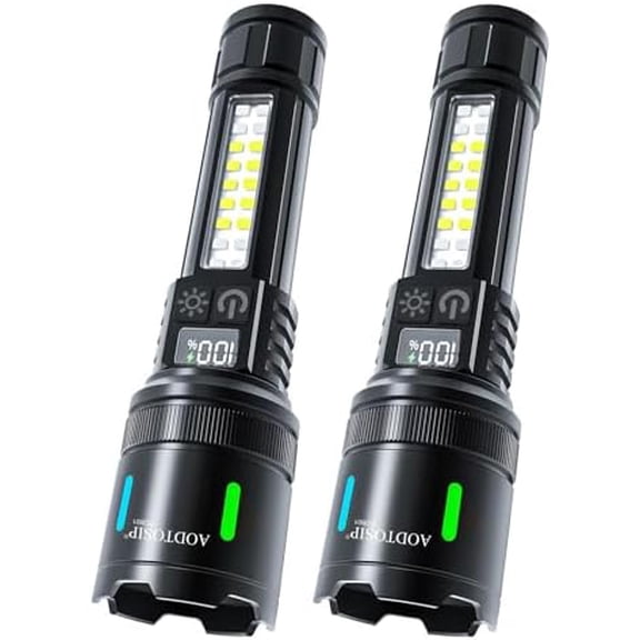 2 Pack 100,000LM High Lumens COB LED Rechargeable Flashlights,Super Bright Flash Light, Zoomable 5 Modes,LCD Digital Display,USB Charging, Powerful Handheld LED Flashlight for Emergencies Camping