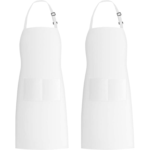 2 Pack 100% Cotton Bib Apron with 2 Pockets Kitchen Cooking, White