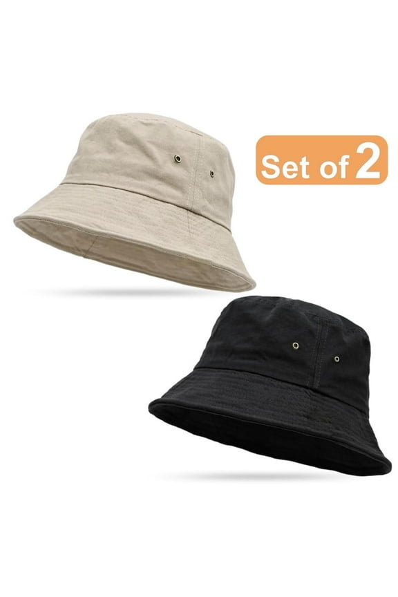 2 Pack 100% Cotton Bucket Hat Foldable Summer Travel Fish Sun Hat for Men and Women Outdoor Activities All Seasons Size Large/X-large, Black, Putty