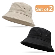 2 Pack 100% Cotton Bucket Hat Foldable Summer Travel Fish Sun Hat for Men and Women Outdoor Activities All Seasons Size Large/X-large, Black, Putty