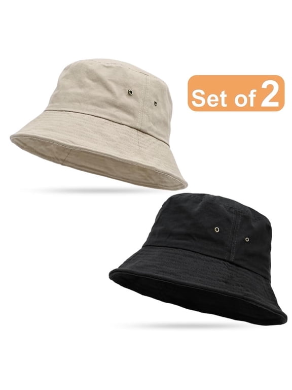 2 Pack 100% Cotton Bucket Hat Foldable Summer Travel Fish Sun Hat for Men and Women Outdoor Activities All Seasons Size Large/X-large, Black, Putty
