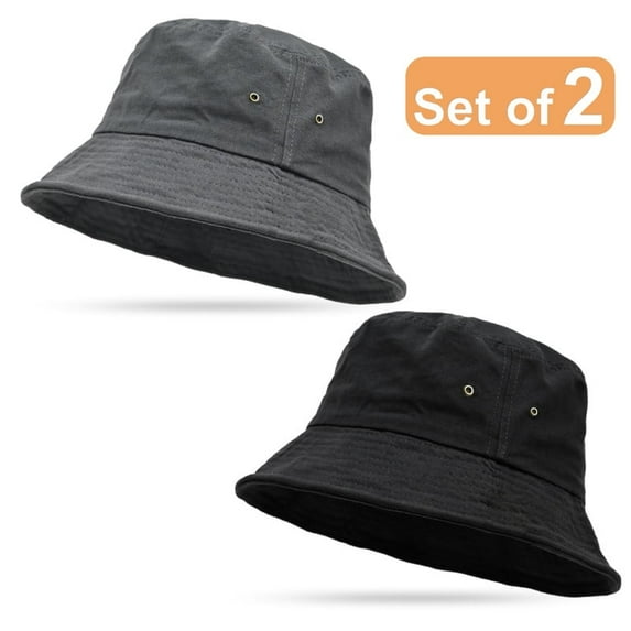2 Pack 100% Cotton Bucket Hat Foldable Summer Travel Fish Sun Hat for Men and Women Outdoor Activities All Seasons Size Small/Medium, Black, Charcoal