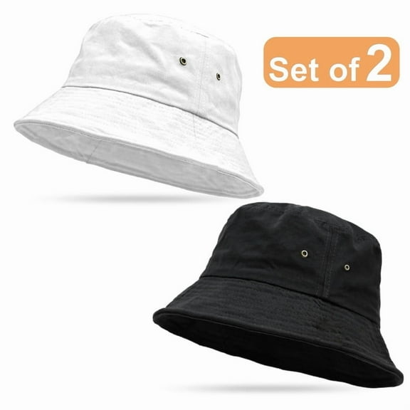 2 Pack 100% Cotton Bucket Hat Foldable Summer Travel Fish Sun Hat for Men and Women Outdoor Activities All Seasons Size Small/Medium, Black, White