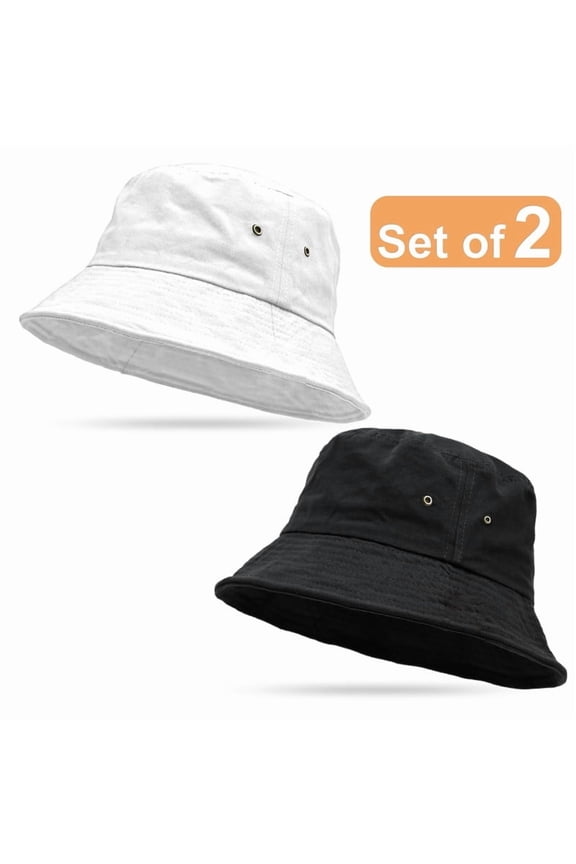 2 Pack 100% Cotton Bucket Hat Foldable Summer Travel Fish Sun Hat for Men and Women Outdoor Activities All Seasons Size Small/Medium, Black, White