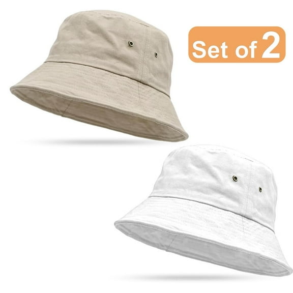 2 Pack 100% Cotton Bucket Hat Foldable Summer Travel Fish Sun Hat for Men and Women Outdoor Activities All Seasons Size Small/Medium, Putty, White