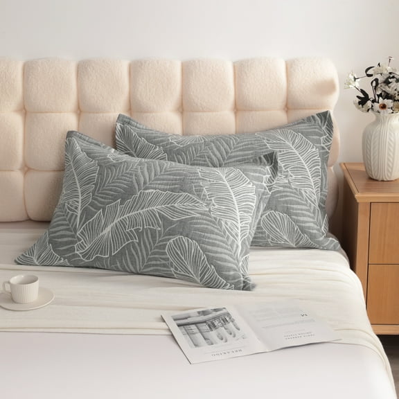 2 Pack 100% Cotton Pillow Sham, Breathable 3 Layer Gauze Pillow Covers with Envelope Closure, Queen, 20 x 30 Inch with 1 Inch Flange, Banana Leaf