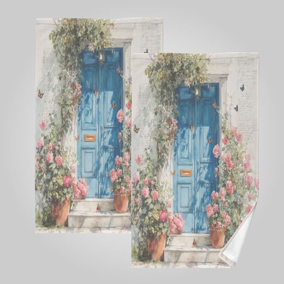 2 Pack 100% Cotton Towels Soft Absorbent Towel Set for Bathroom Beach Sports 16x28in Blue Door with Pink Roses