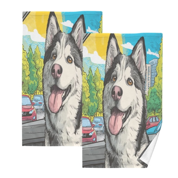 2 Pack 100% Cotton Towels Soft Absorbent Towel Set for Bathroom Beach Sports 16x28in Cool Cute Husky Dog