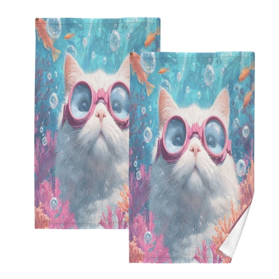 2 Pack 100% Cotton Towels Soft Absorbent Towel Set for Bathroom Beach Sports 16x28in Diving Cat
