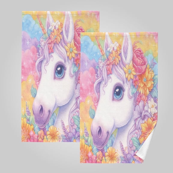 2 Pack 100% Cotton Towels Soft Absorbent Towel Set for Bathroom Beach Sports 16x28in Floral Unicorn Rainbow Dream