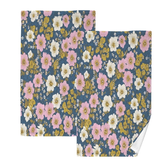 2 Pack 100% Cotton Towels Soft Absorbent Towel Set for Bathroom Beach Sports 16x28in Flowers in Navy Blue