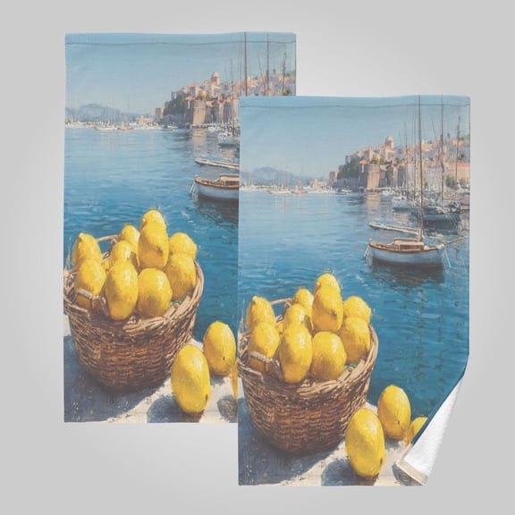 2 Pack 100% Cotton Towels Soft Absorbent Towel Set for Bathroom Beach Sports 16x28in Lemon Basket Harbor Painting