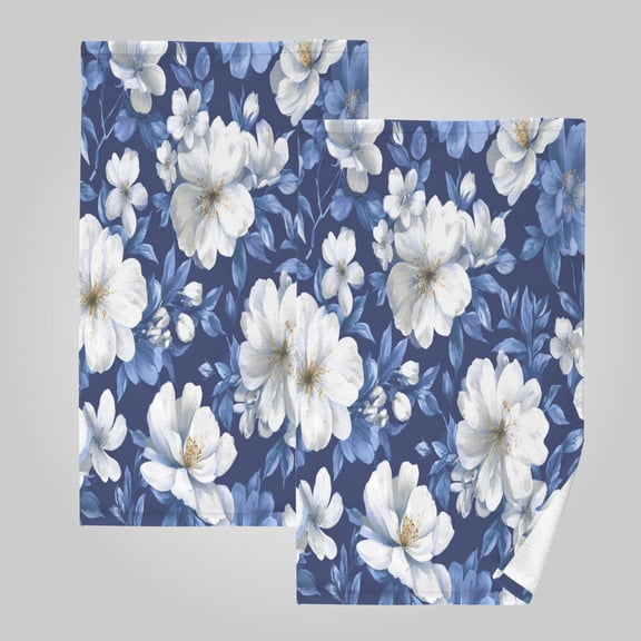 2 Pack 100% Cotton Towels Soft Absorbent Towel Set for Bathroom Beach Sports 16x28in Navy Floral Whites Flowers