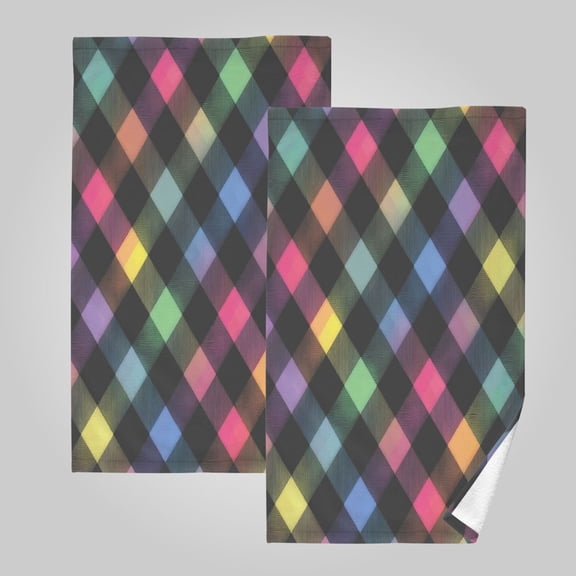2 Pack 100% Cotton Towels Soft Absorbent Towel Set for Bathroom Beach Sports 16x28in Neon Rainbow Checkered Pattern