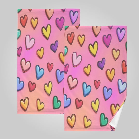 2 Pack 100% Cotton Towels Soft Absorbent Towel Set for Bathroom Beach Sports 16x28in Rainbow Heart Seamless Print