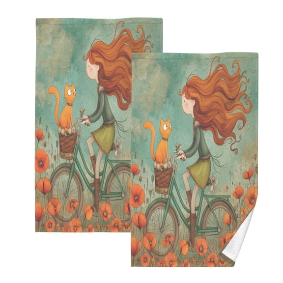 2 Pack 100% Cotton Towels Soft Absorbent Towel Set for Bathroom Beach Sports 16x28in Red-haired Girl and Orange Cat