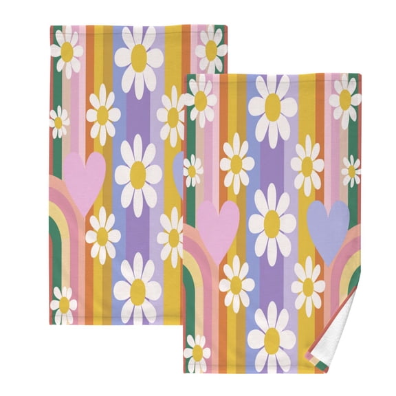 2 Pack 100% Cotton Towels Soft Absorbent Towel Set for Bathroom Beach Sports 16x28in Retro Colorful Rainbow and Daisy