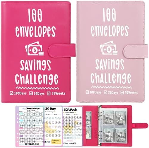 2 Pack 100 Envelopes Money Saving Challenge, Cash Budget Planner A5 Binder, Savings Challenges Book Organizer Folder, with 3 Tracker to Save $5,050 and $2,600, $300, 100 Pre-numbered Pockets, Red
