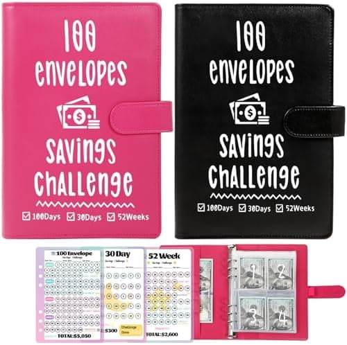 2 Pack 100 Envelopes Money Saving Challenge, Cash Budget Planner A5 Binder, Savings Challenges Book Organizer Folder, with 3 Tracker to Save $5,050 and $2,600, $300, 100 Pre-numbered Pockets, Bla