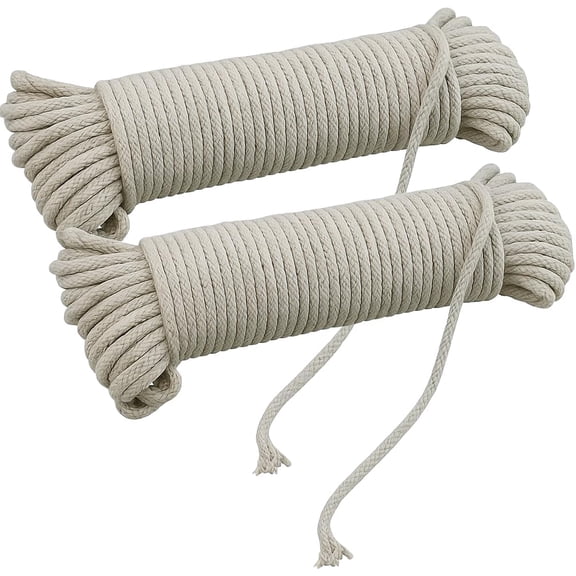 2-Pack 100 Ft Heavy Duty Braided Cotton Rope Clothesline #6 1/4" (6mm) Natural Cotton with Poly Core Durable for Clotheslines, Boating, Camping, Crafts, Indoor & Outdoor Use
